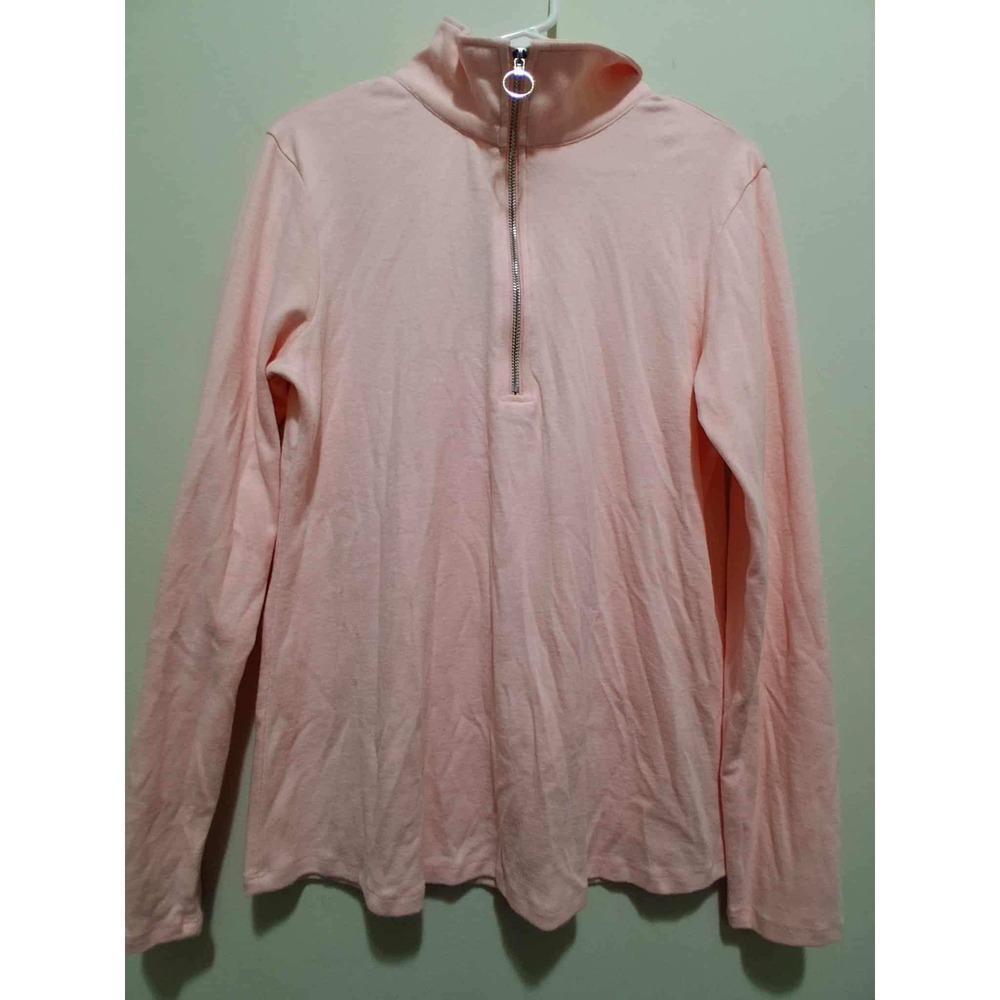 Women‎ M Top Long Sleeve Zip Collared Polo Shirt Casual V Neck Fall Blouse Pink